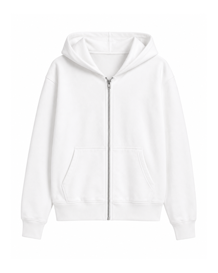 White hoodie with a zipper on a white background