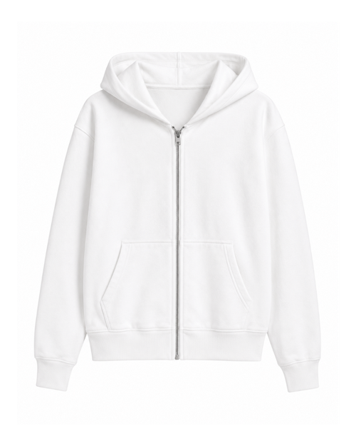 White hoodie with a zipper on a white background